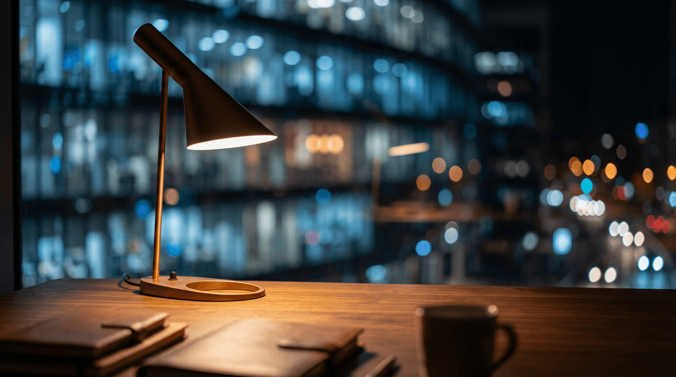 Desk lamp glows warmly against bokeh city lights and dark urban night background